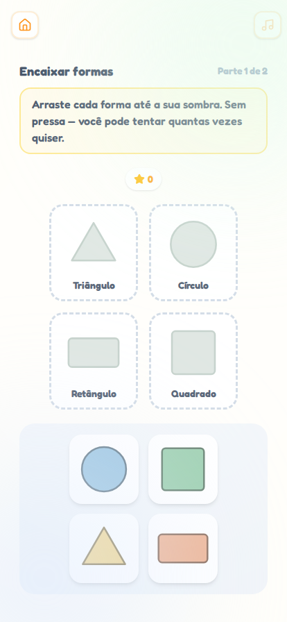 Atividade 'Encaixar formas' do Cariquinha, arrastando triângulo, círculo, retângulo e quadrado até a sombra correspondente.