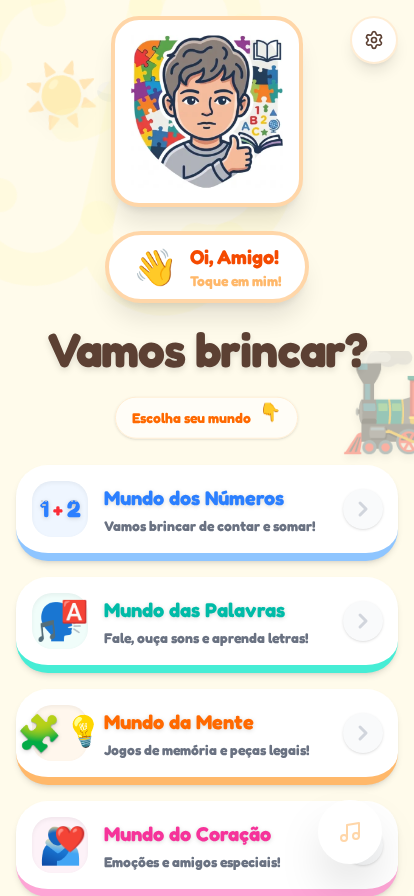 Tela inicial do Cariquinha com os mundos de atividades disponíveis para a criança escolher.
