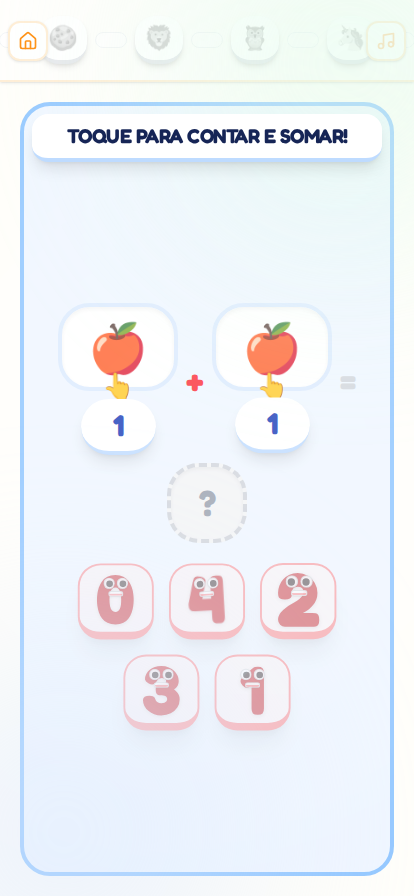 Atividade de matemática do Cariquinha, somando duas maçãs com apoio visual e múltipla escolha.