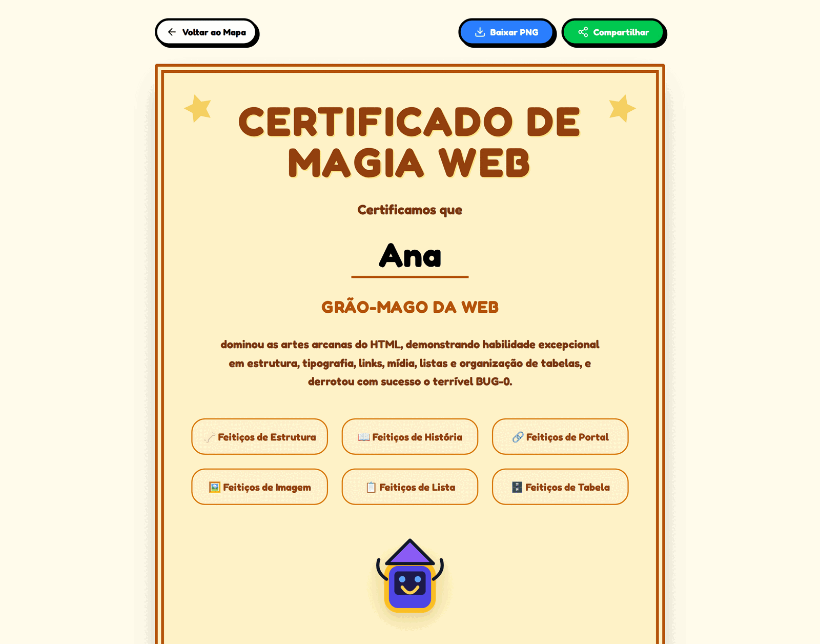 Certificado de Magia Web com o nome do aluno, o título Grão-Mago da Web e os seis feitiços concluídos.