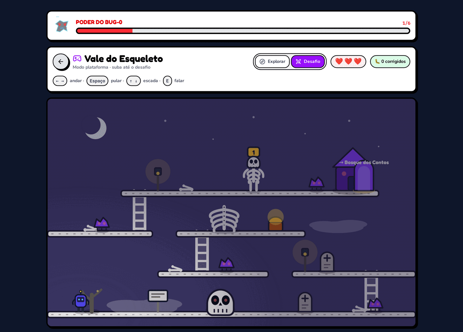 Modo desafio do Magia Web, com o mesmo cenário dividido em andares e escadas, bugs patrulhando e contador de vidas.