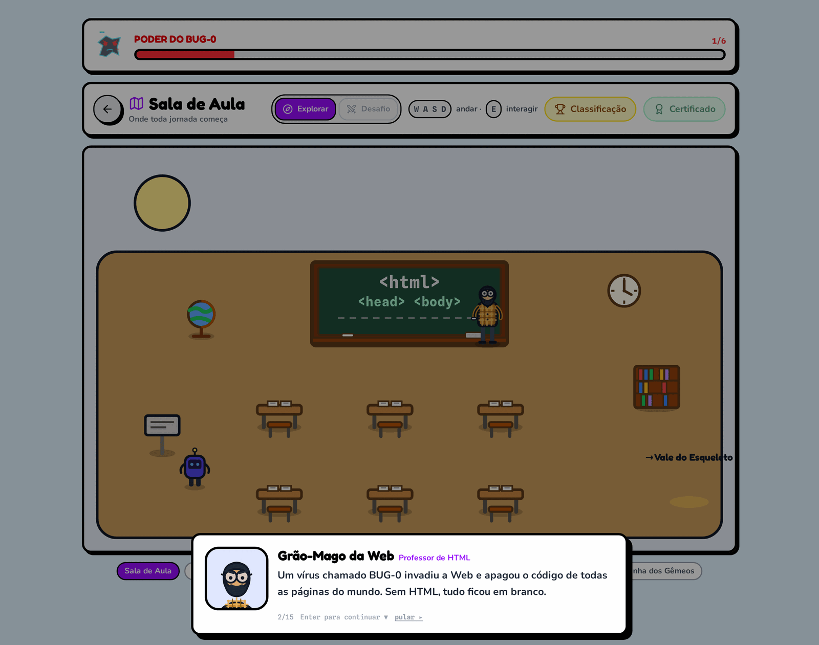 Sala de aula do Magia Web com o Grão-Mago da Web, professor de HTML, contando que um vírus apagou o código de todas as páginas do mundo.