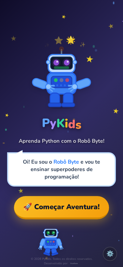 Tela inicial do pyKids com o mascote Robô Byte e o botão Começar Aventura.