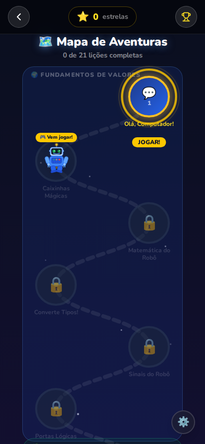 Mapa de aventuras do pyKids mostrando lições organizadas em trilha, com progresso e estrelas.