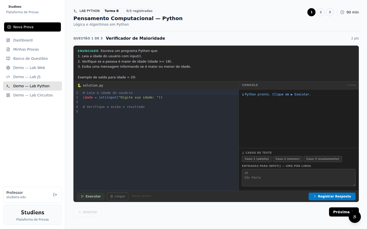 Laboratório de Python do Studiens Provas com editor de código, console de execução e casos de teste automáticos.